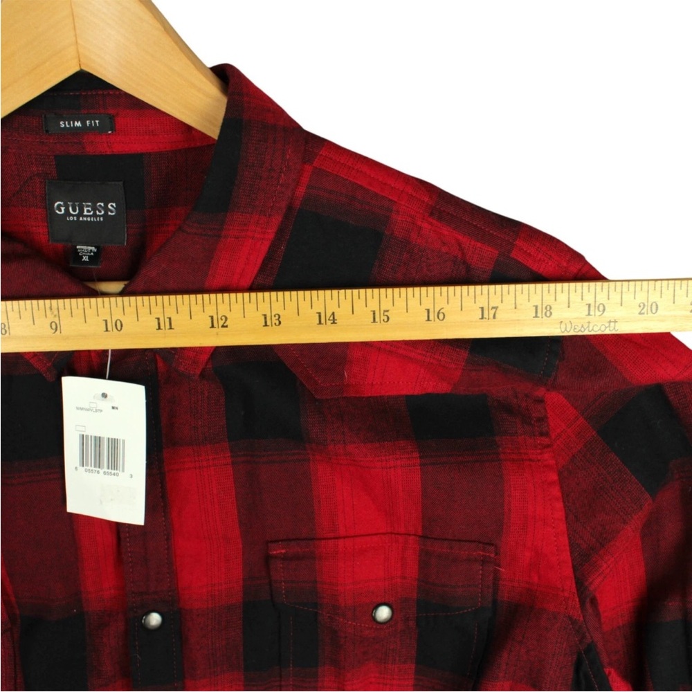 GUESS Snap On Flannel Button Down SLIM Fit Shirt Mens XL Red Black Plaid L/S NWT - Picture 11 of 11